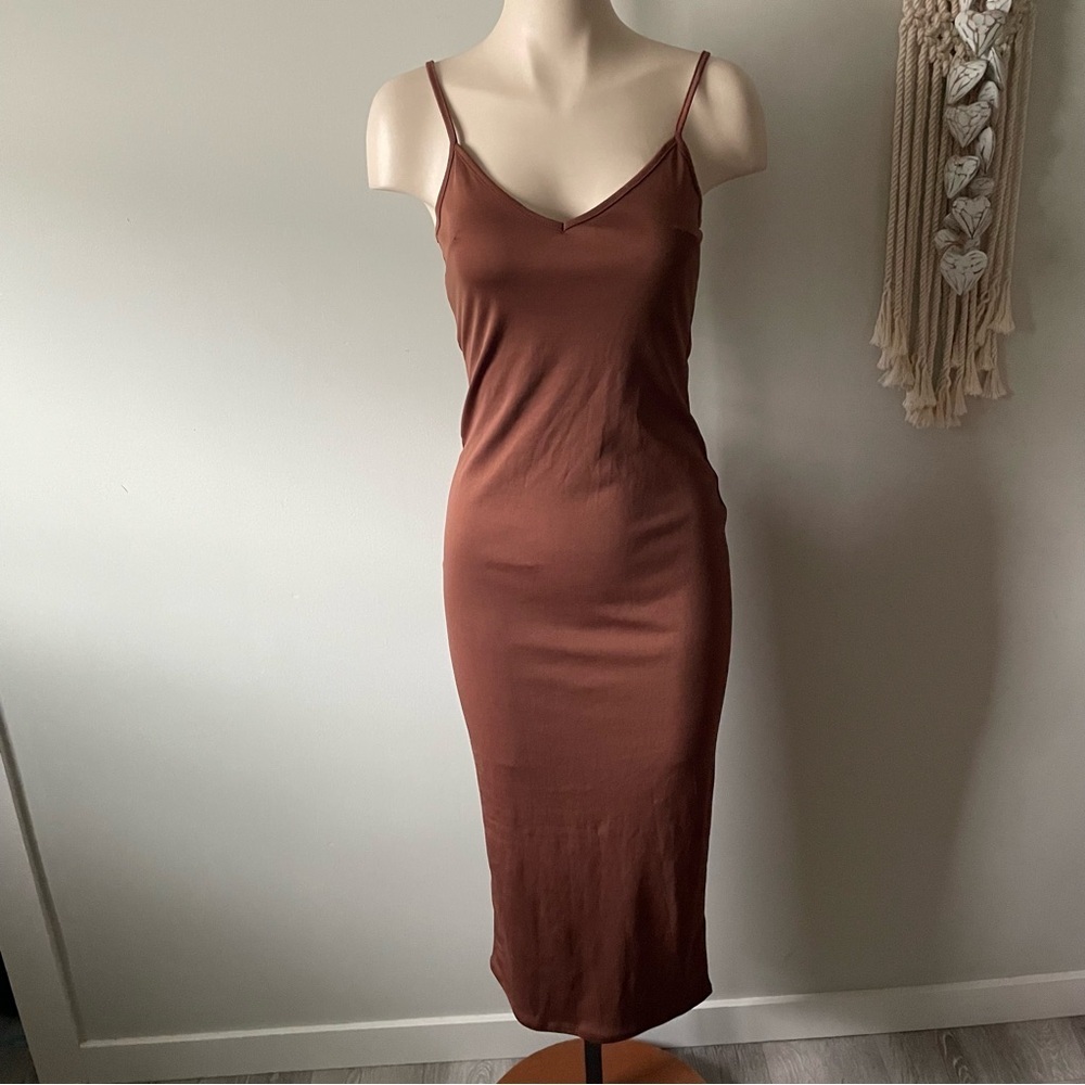 AFRM Shailene Rhinestone Turtleneck Dress Midi Embellished Mesh Brown Medium - Picture 10 of 11